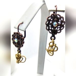 Round Flower Bronze Colored Dangle Earrings